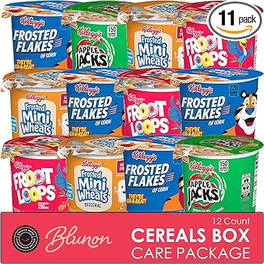 Cereal Cups Variety Pack - Single Serve Breakfast Cereal Assortment - Mini-Wheats, Frosted Flakes, Froot Loops, Apple Jacks - Care Package Gift Box (12 Count)