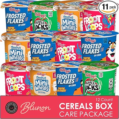 Cereal Cups Variety Pack - Single Serve Breakfast Cereal Assortment - Mini-Wheats, Frosted Flakes, Froot Loops, Apple Jacks - Care Package Gift Box (12 Count)
