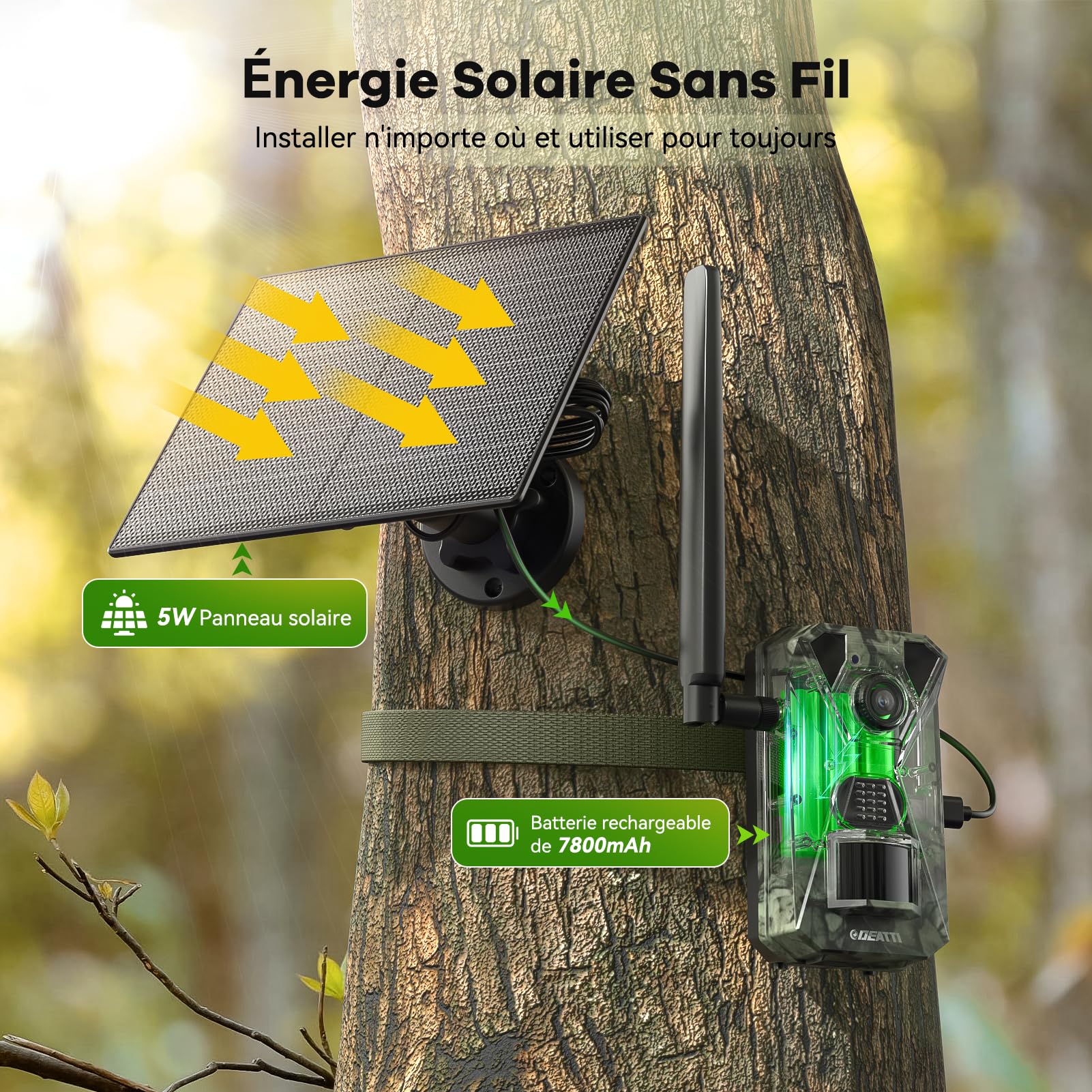 DEATTI 4G LTE Caméra de Chasse Connectée Téléphone, 2.7K HD Caméra Chasse Solaire avec Carte SIM Préinstallée, Vision Nocturne Animaux, Étanche IP66, Batterie 7800mAh (sans Carte SD)