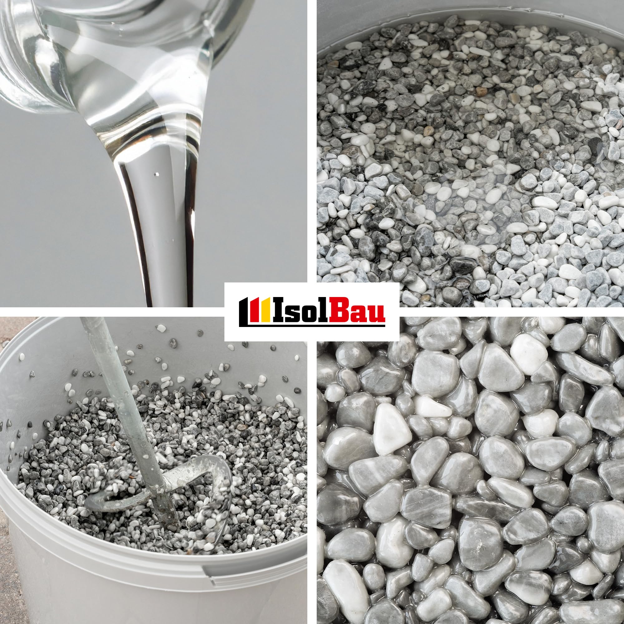 Isolbau - 1 K PU-Bindemittel für Steinteppich - 0,75 kg - Transparent - Hervorragende Haftung & Elastizität - Gebrauchsfertig - für Innen- und Außenbereich - Treppen, Balkonen, Garten, Wegen