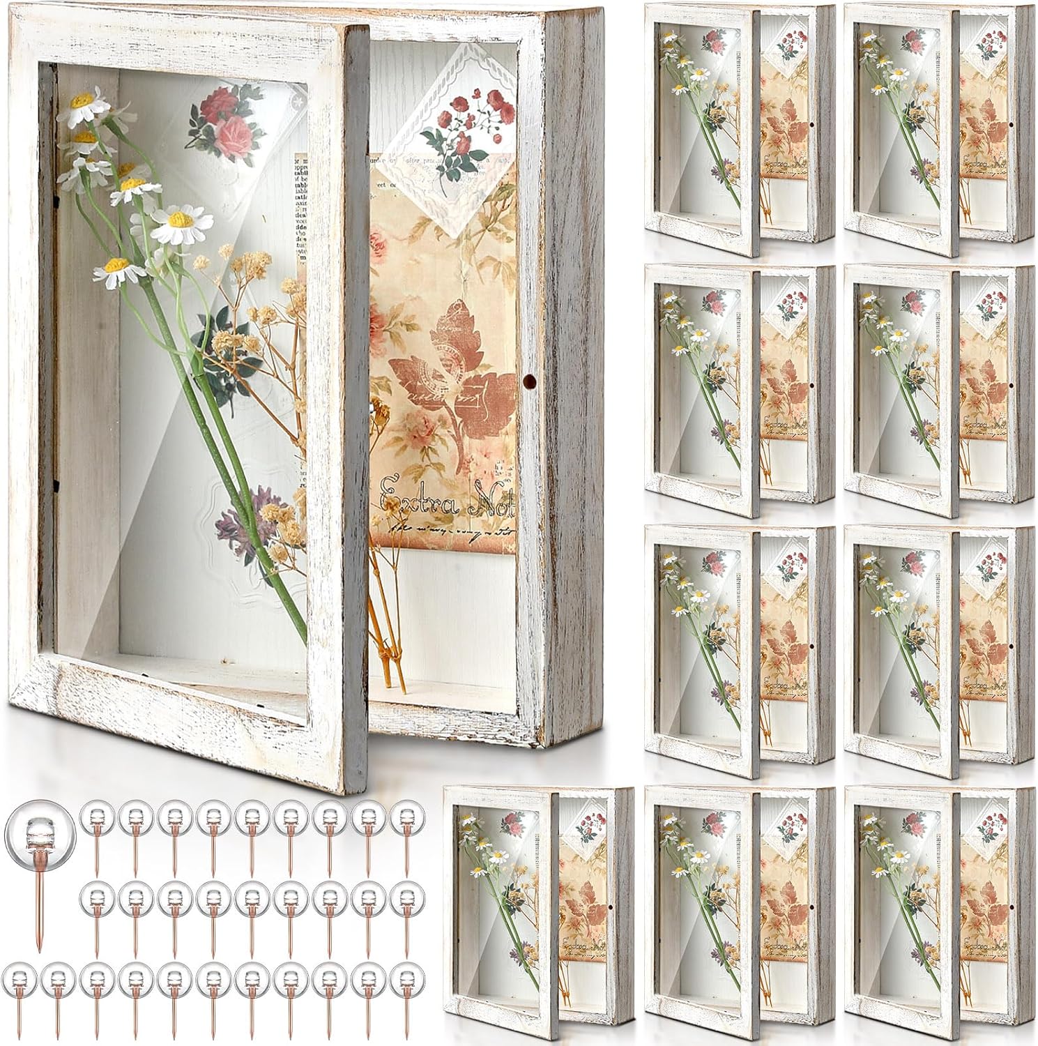 10 Pcs Shadow Box Frame Bulk 8 x 10 Inch Memory Display Real Glass Door Display Box with Linen Back Rustic Picture Frame for Flower Bouquet Photo Keepsake Medal Display Wedding Couple Favor