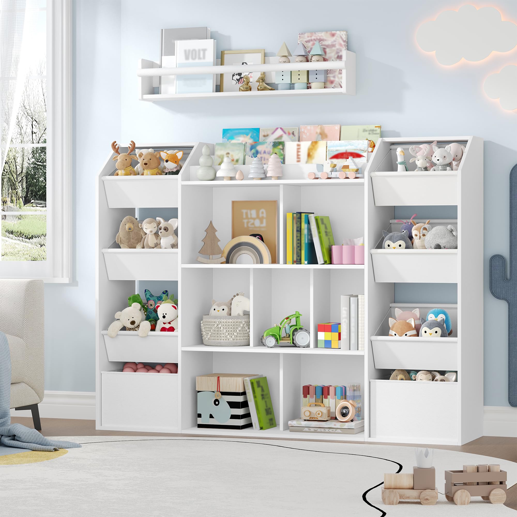 HEXCELEN Meuble Rangement Enfant, Bibliothèque Enfant, Étagère à Jouets 8 Boîtes en Non-tissé, pour Chambre d'enfant, Salons, Bureau, 30 x 130 x 100 cm, Blanc