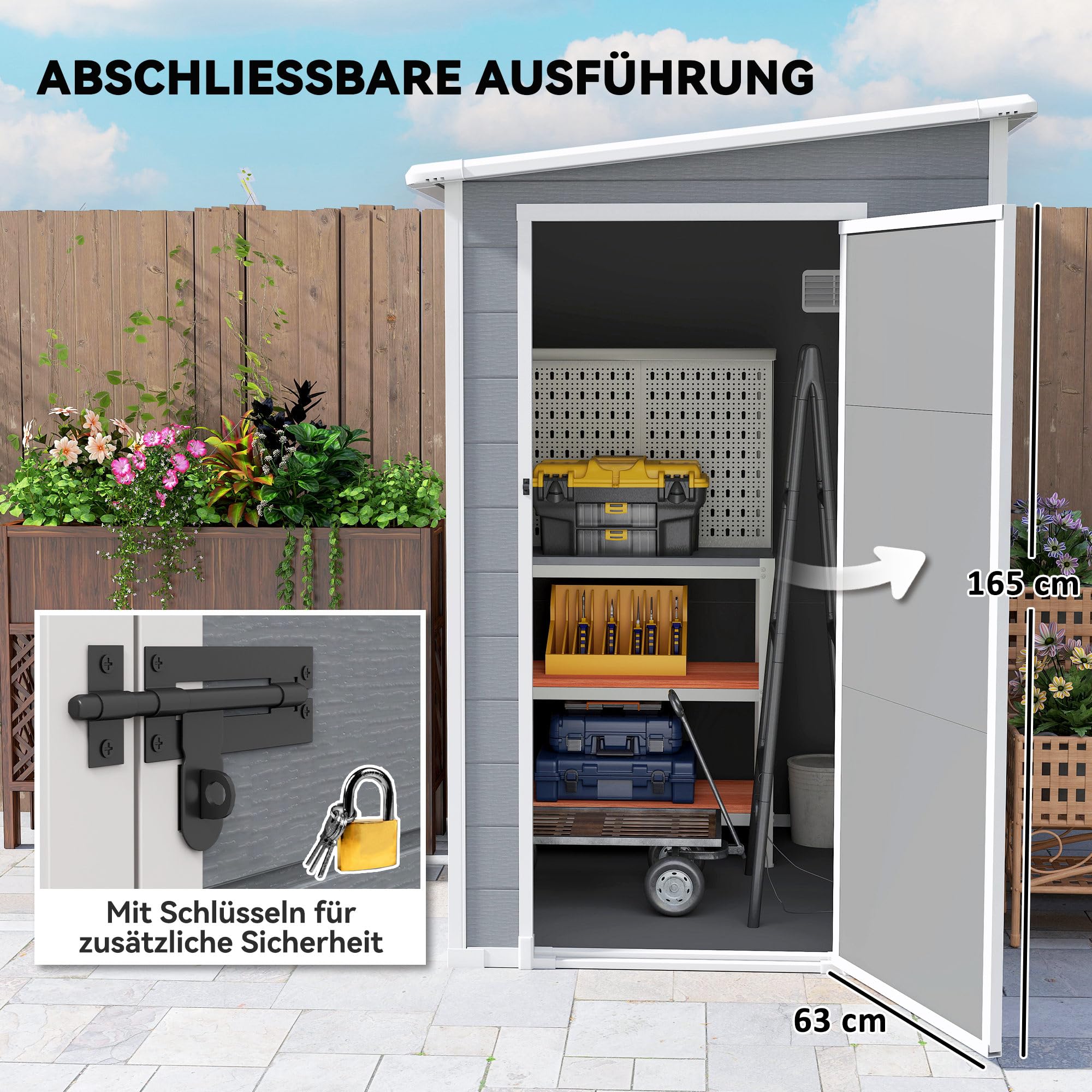 Outsunny Gerätehaus 1,54m³, Gartenhaus mit Pultdach, Boden 122 x 149 x 192/177 cm, wetterfest Geräteschuppen mit Abschließbar Tür, Fenster, Gartenschrank aus Kunststoff, für Hinterhof, Garten, Grau