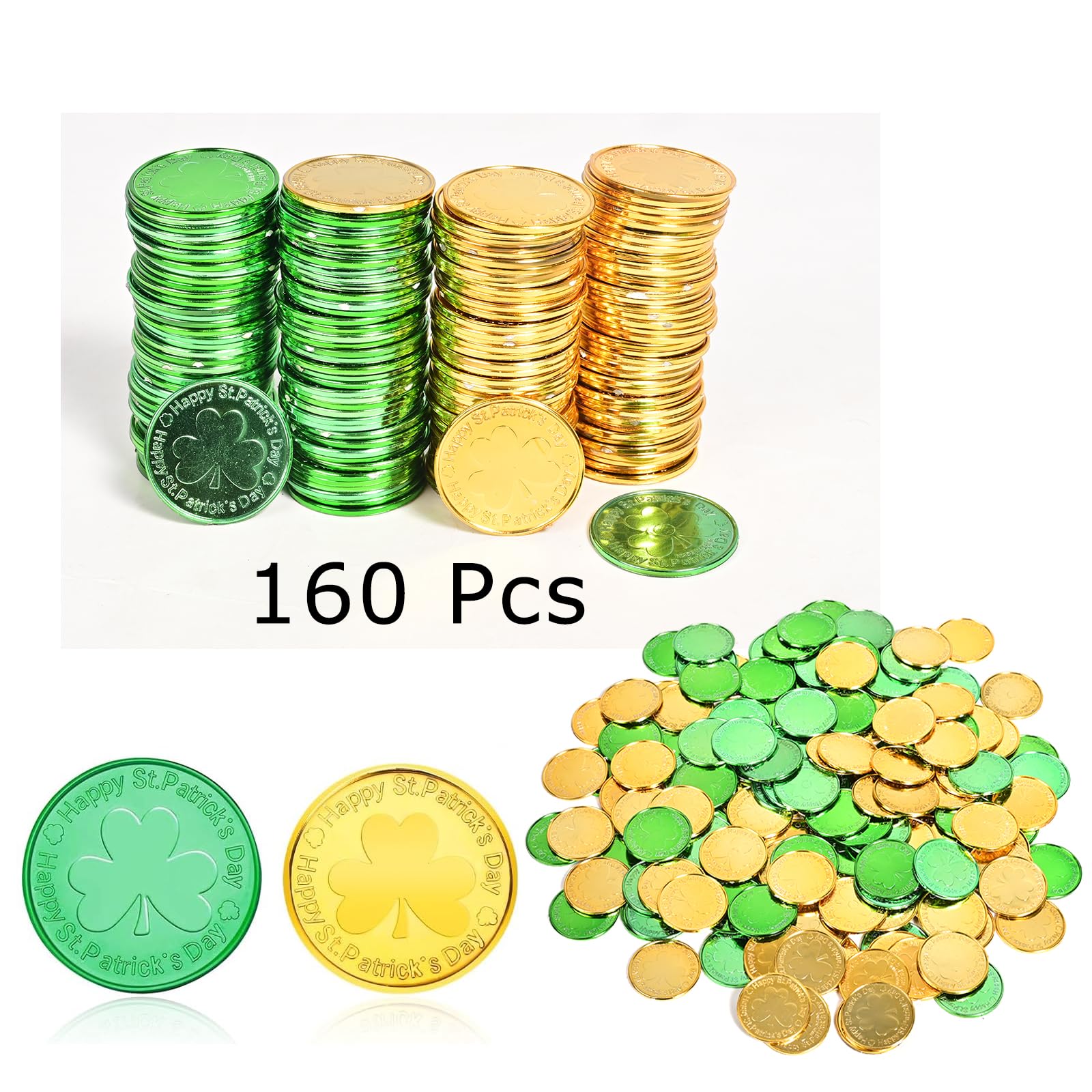 EnriQ 160 PCS St Patricks Day Gold Coins - Shamrock Gold Green Lucky Coins Plastic Leprechaun Coins 3-Leaf Clover Coin for St Patricks Day Decorations Party Favors - 5