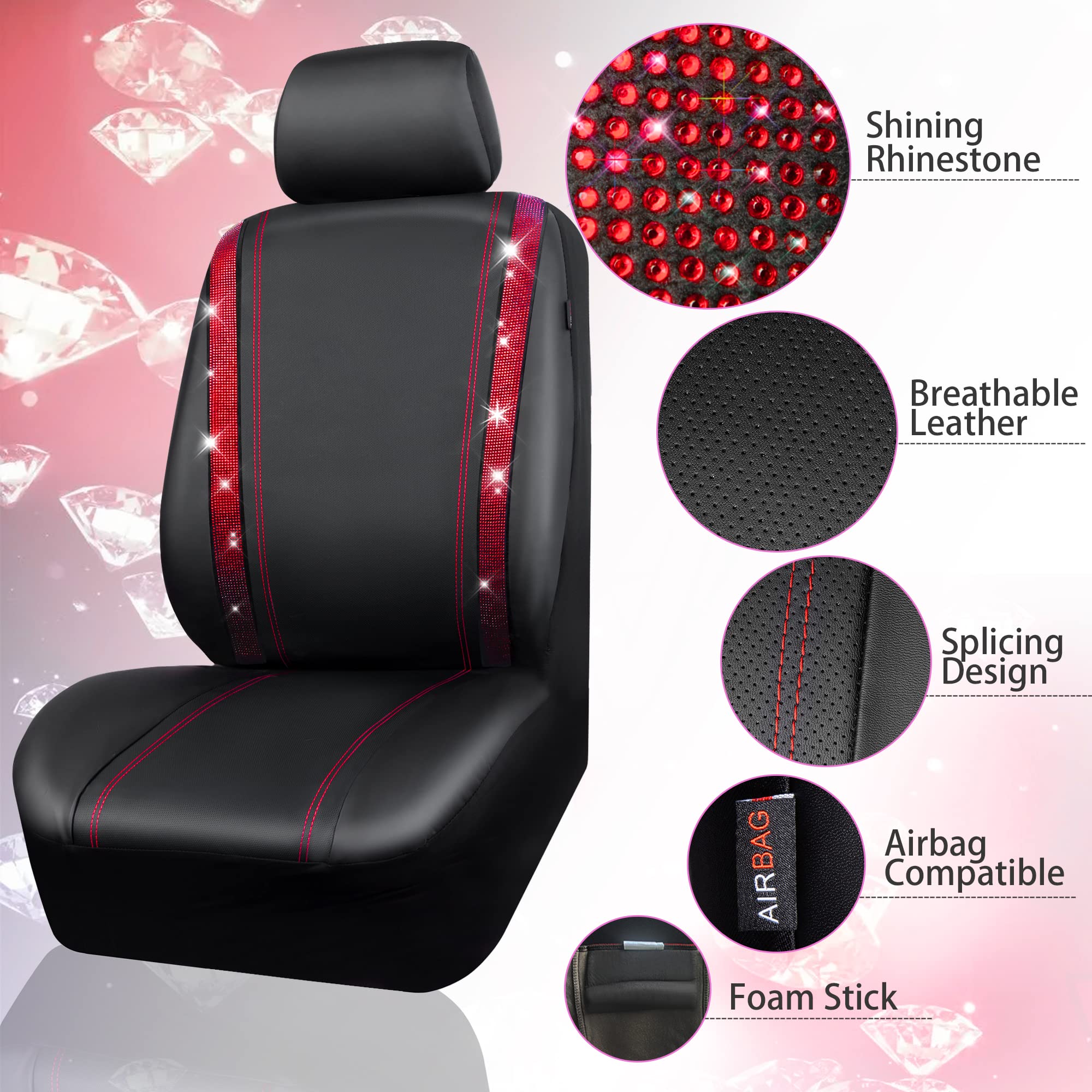 CAR PASS Bling Car Seat Covers Full Set, Shining Rhinestone Diamond