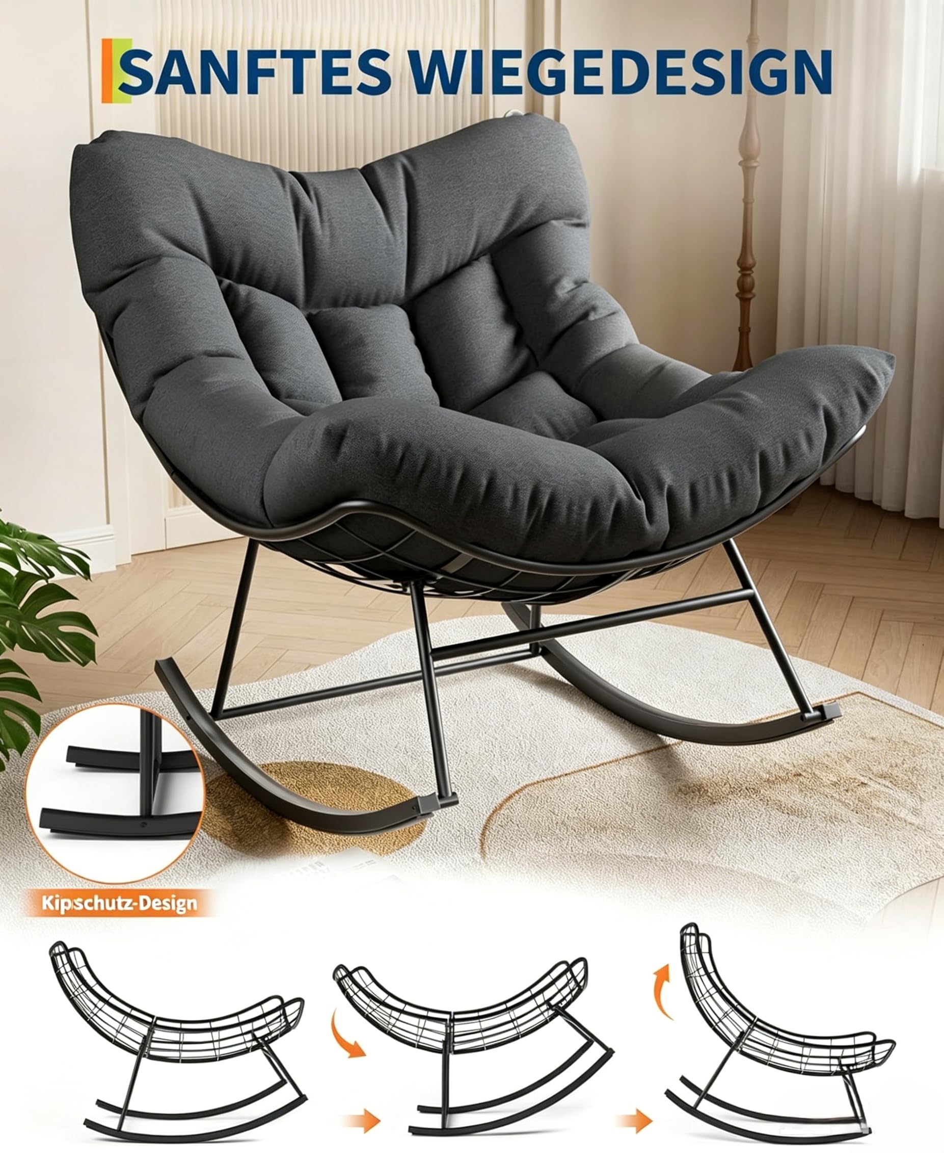 Garvee Eiersessel Schaukelstuhl mit Polster, Moderner Relaxsessel mit stabilem Metallgestell, Bequemer Lesesessel Grau für Wohnzimmer Balkon Terrasse Garten Indoor & Outdoor - Anthrazit