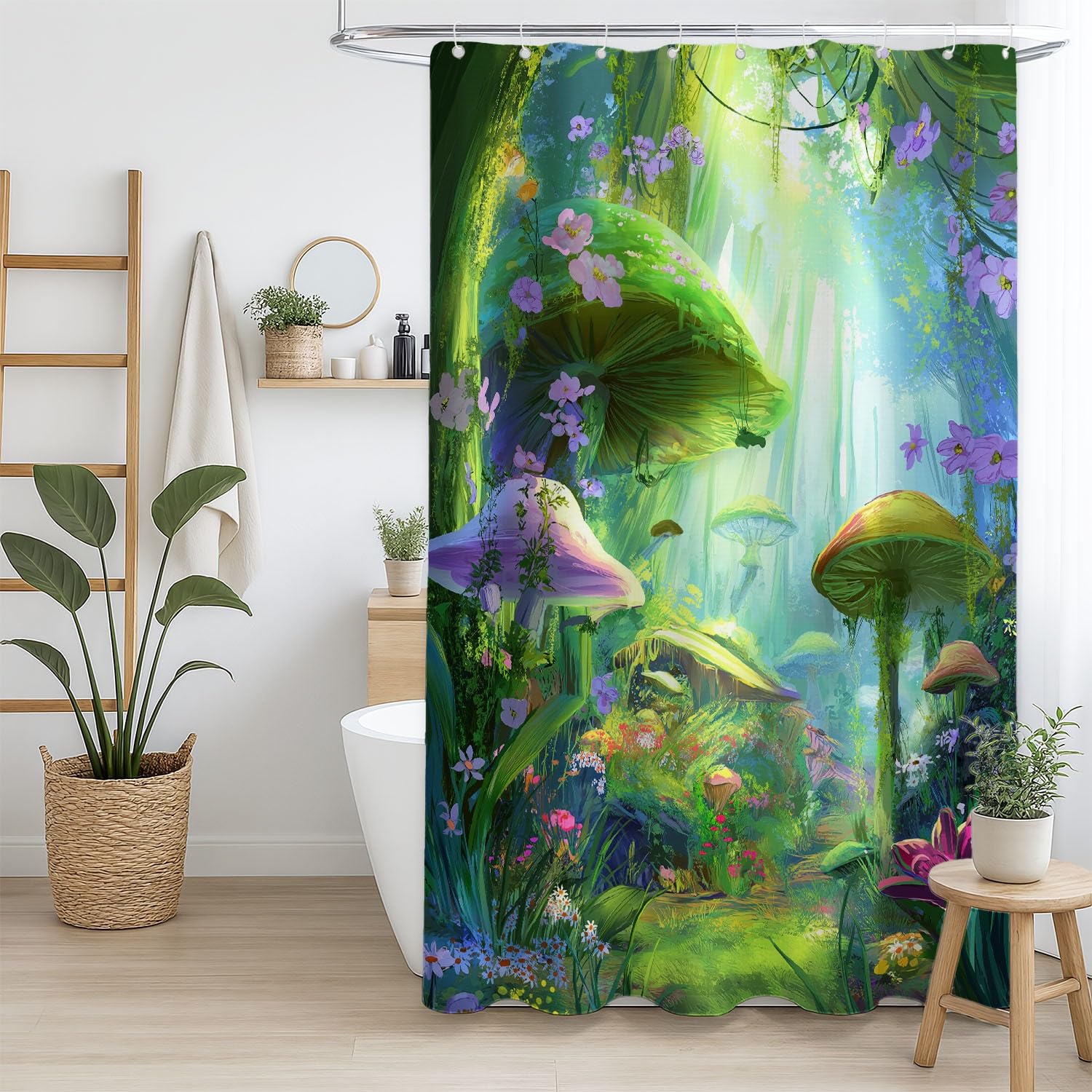 Generico Tenda da doccia Etereo Foresta Fungo, Verde Viola tenda da doccia Fantasia per il bagno, tessuto in poliestere impermeabile con ganci 180 x 200 cm Per La Vasca Da Bagno Casa E Hotel Caravan