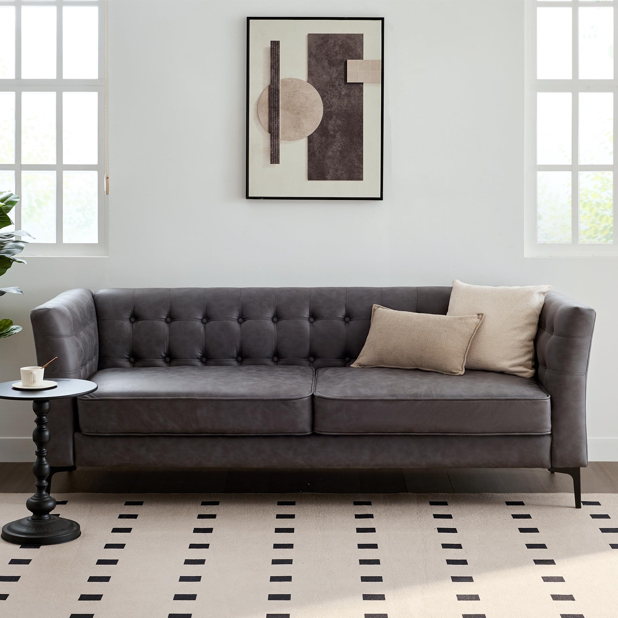 85 W Faux Leather Sofa Couch with Button Tufted 3 Seater Sofa with Metal Legs and Deep Seats