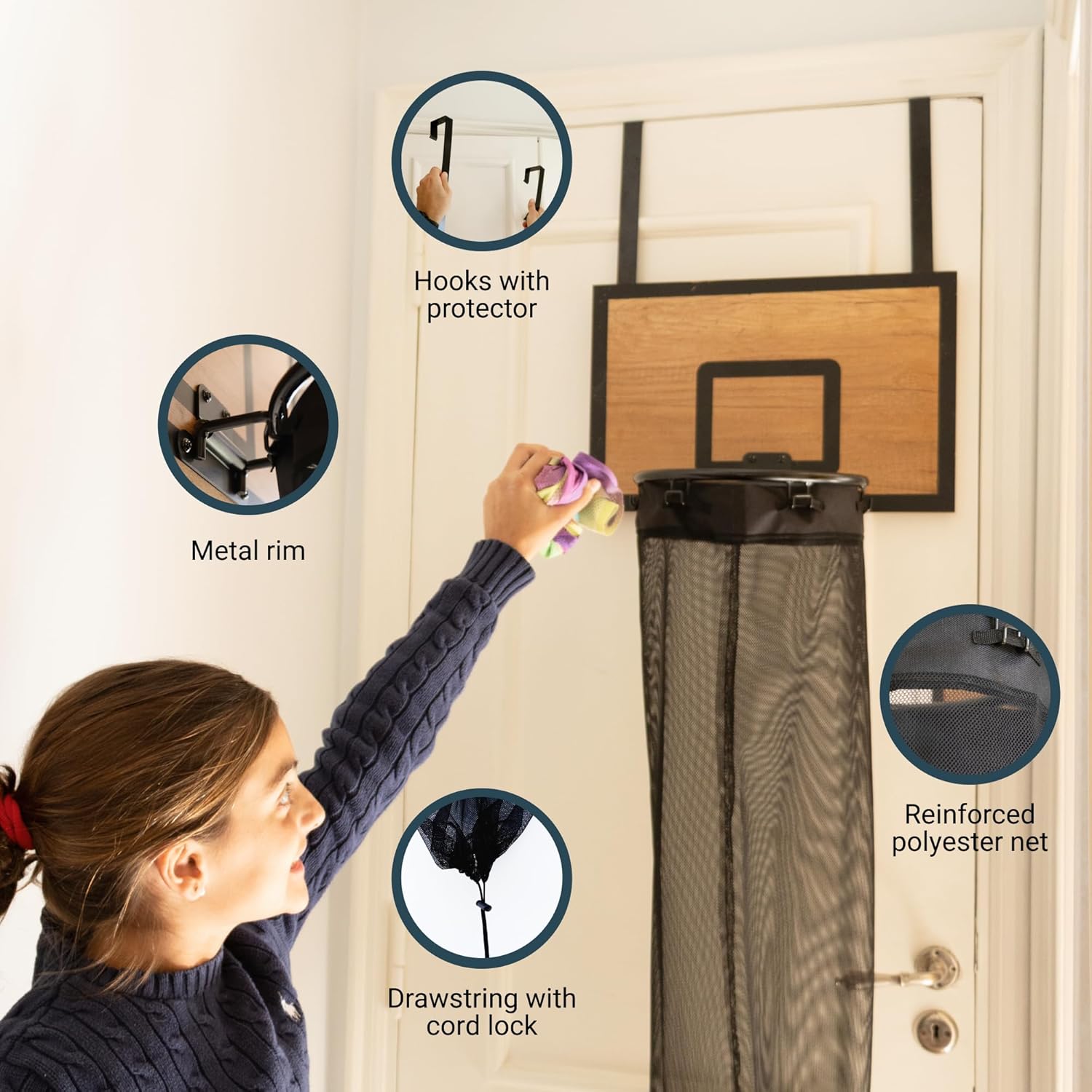 ActiveJoy – Basketball Laundry Hamper – Wooden Backboard & Mesh Hoop Laundry Basket – Over Door Hanging Organizer for Kids - Cedarwood Brown