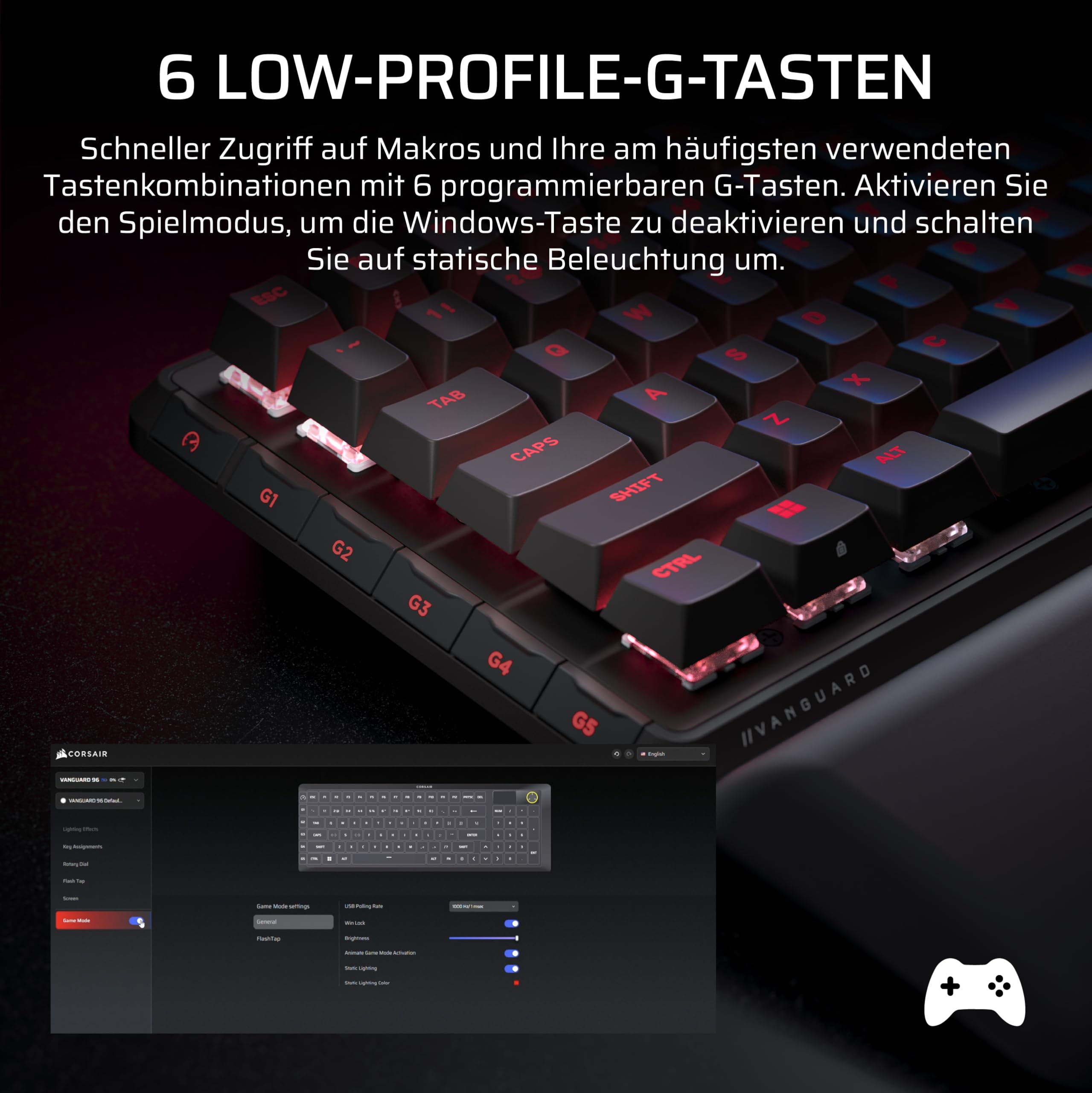 Corsair Vanguard 96 Kabelgebundene Mechanische Gaming-Tastatur – Schwarz | QWERTZ DE, 96% Layout, MLX Plasma-Linearschalter, 8000Hz-Polling, LCD-Display, Virtual Stream Deck, G-Tasten, SOCD Flashtap