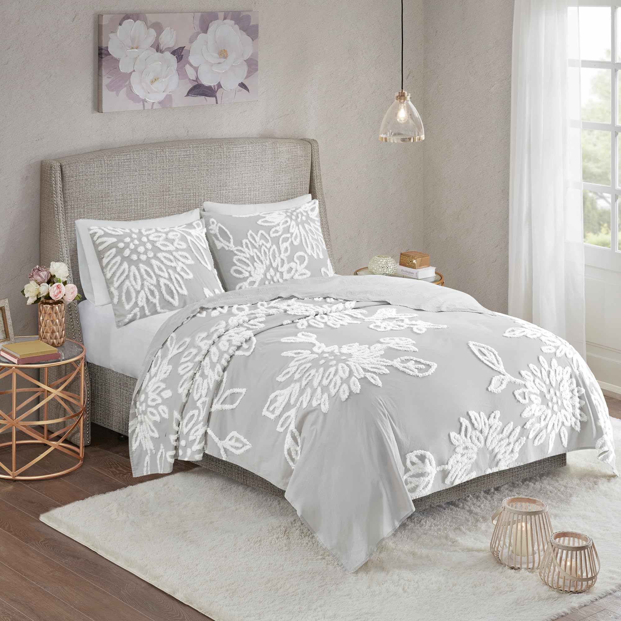 madison park king duvet cover set - floral chenille tufted cotton king bedding cover with shams, veronica, grey/white 3 piece