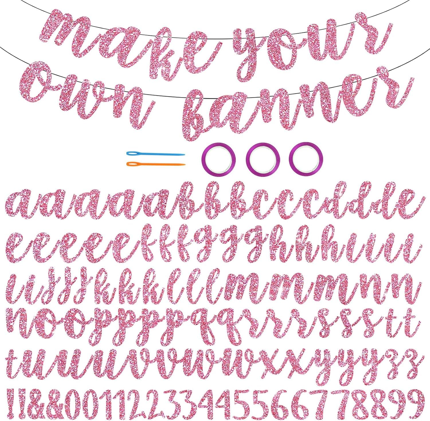 DecoGlee 116 PCS A-Z Glitter Cursive Pink DIY Letter Banner Kit Make Your Own Banner，Including 111 Letters and Numbers 3 Rope and 2 Threading Device,for Birthday Graduation Wedding Halloween Party