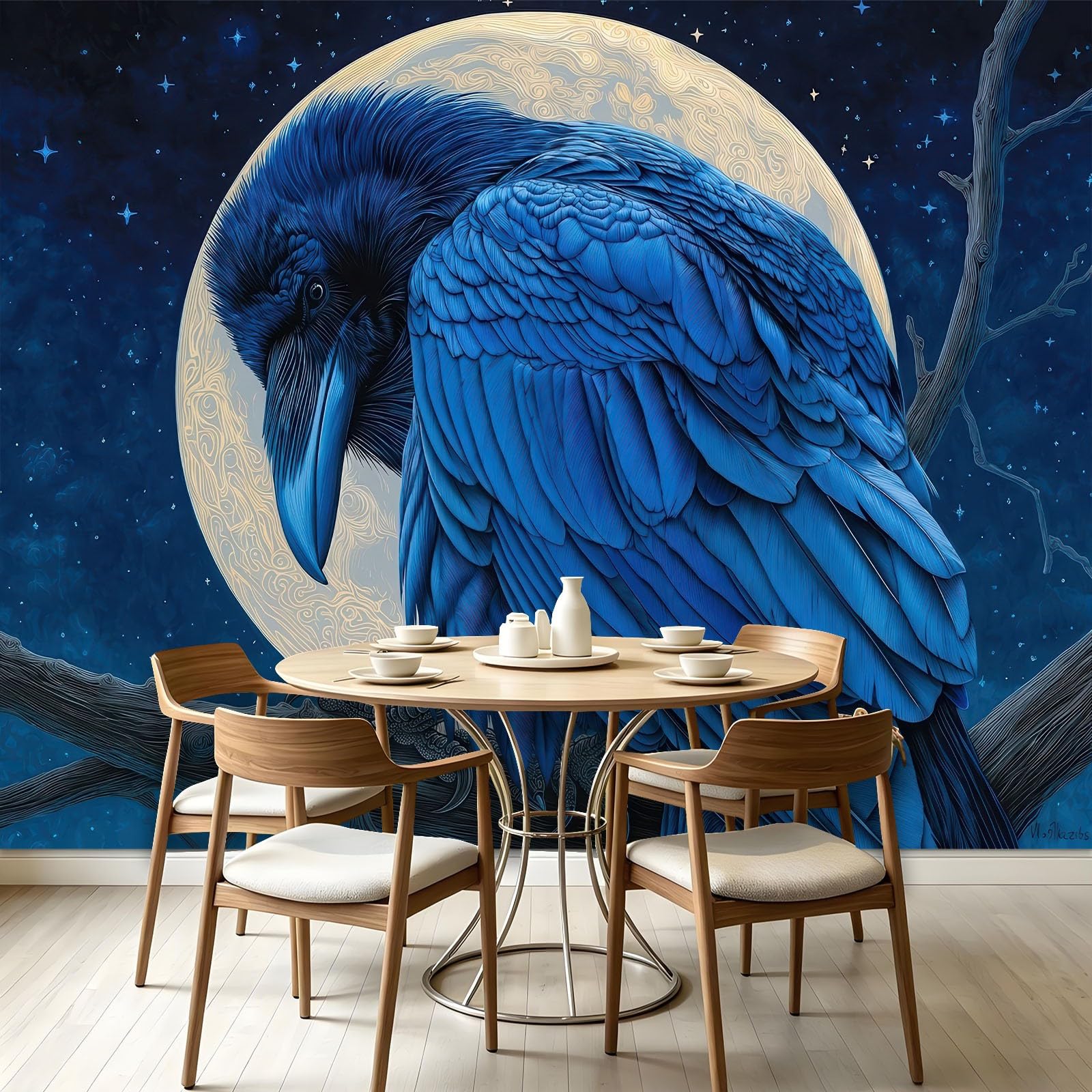 Panoramiczna tapeta z włókniny 350 x 256 cm fantazyjny gotycki gwiaździste niebo gobelin plakat dekoracja ścienna do pokoju dziecięcego, salonu sypialni - zwierzęta kruk pełnia księżyc martwe gałęzie