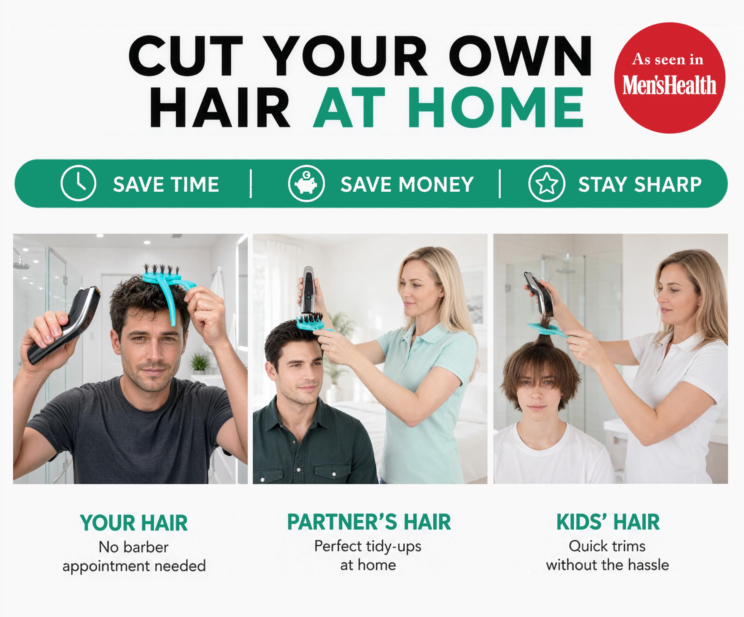 Coupez et coupez vos propres cheveux à la maison avec facilité en utilisant la poignée et coupez. Utilisation avec votre tondeuse à cheveux homme, kit de coupe de cheveux, coupe de cheveux à faire