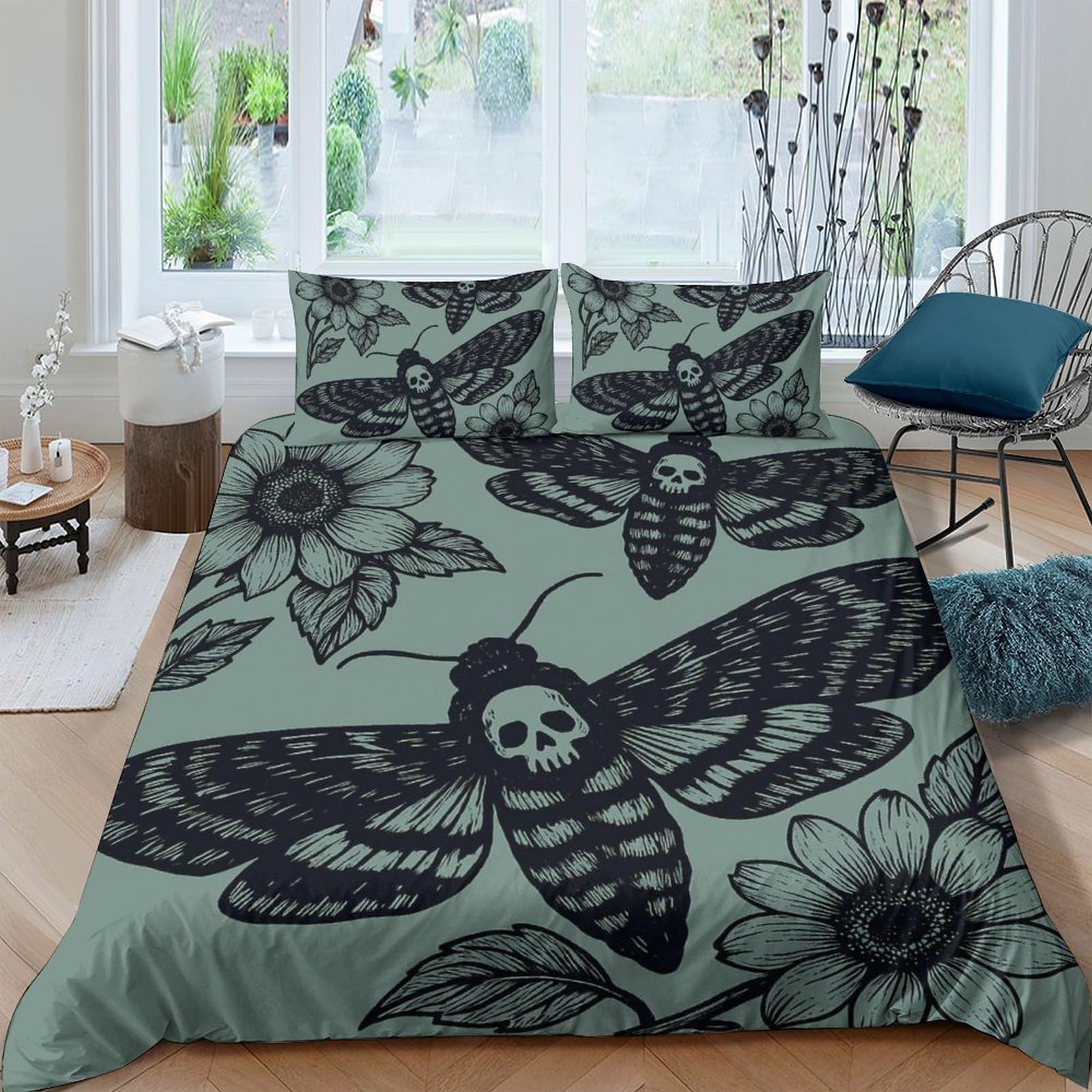 GPLZQXKJNH 3D Printed Skull Moth Duvet Cover Set Microfiber Soft Breathable Floral Bedding Set with 2 Pillowcases for Bedroom Decor Single（135x200cm）