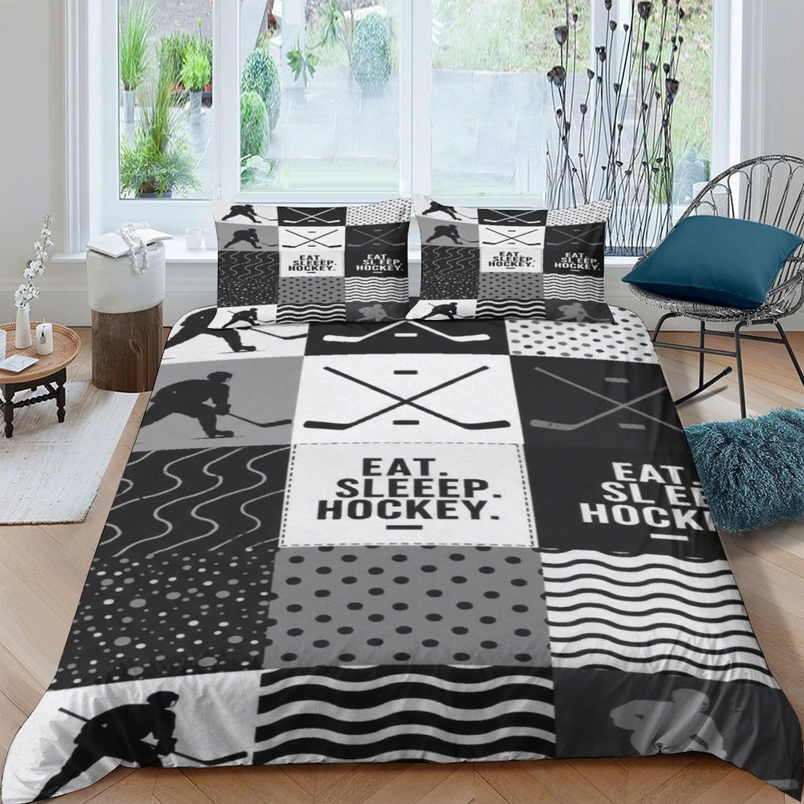 GPLZQXKJNH 3D Printed Hockey Black White Patchwork Duvet Cover Microfiber Soft Breathable Sports Quilt Cover Set with 2 Pillowcases for Bedroom Home Decor Single（135x200cm）
