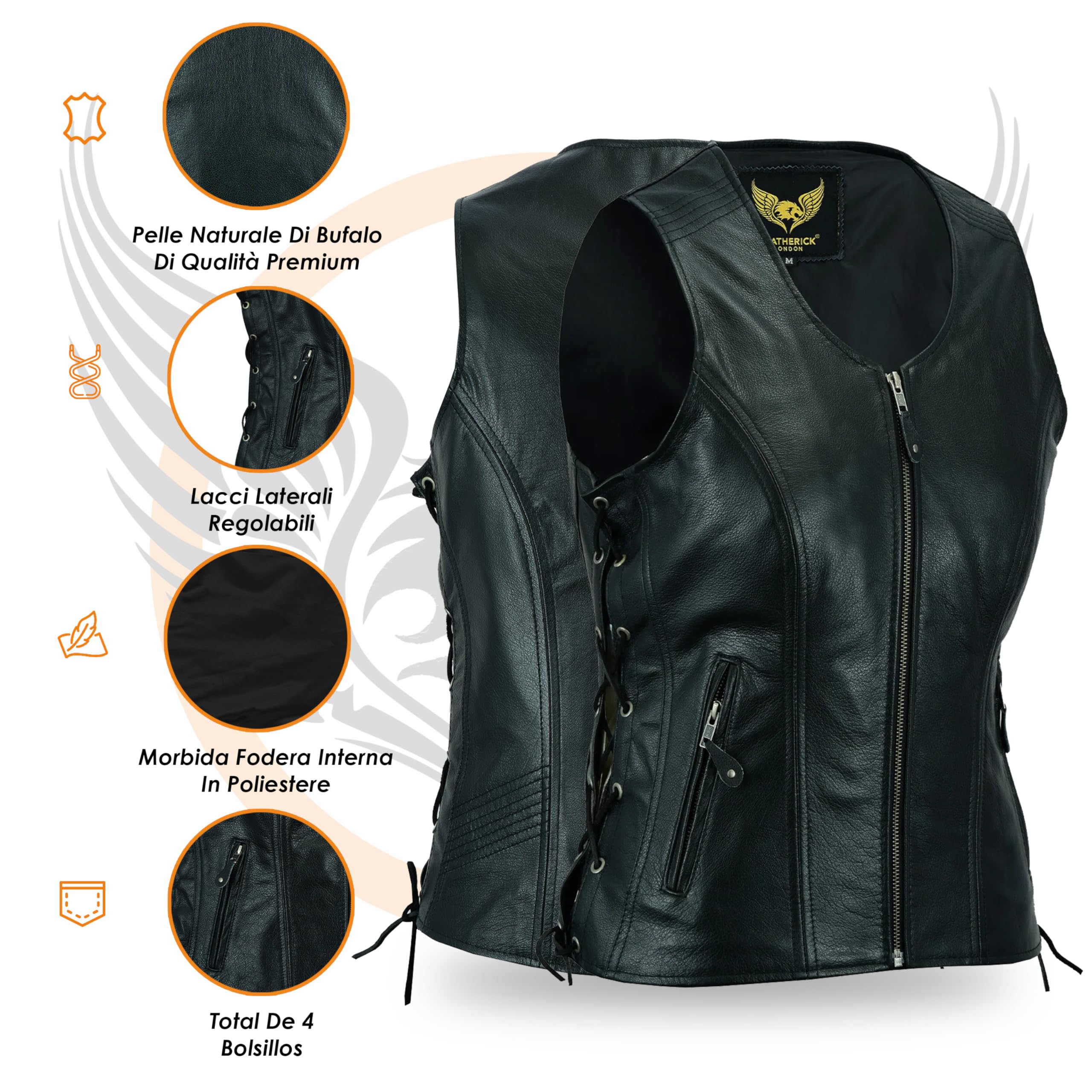 Leatherick Gilet in pelle nero da donna senza maniche in vera pelle di bufalo, gilet/giacca