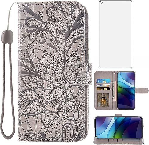Asuwish Funda para teléfono Moto G Stylus 2021 4G con protector de pantalla de vidrio templado y funda tipo cartera de encaje con tarjetero y