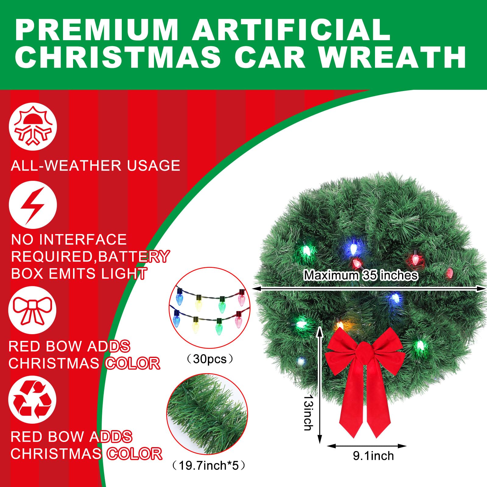 Grande couronne de Noël à LED pour voiture - Couronne de Noël artificielle pour grille avant de voiture - Couronne de Noël lumineuse avec nœud rouge - Décorations de Noël pour camion compatible