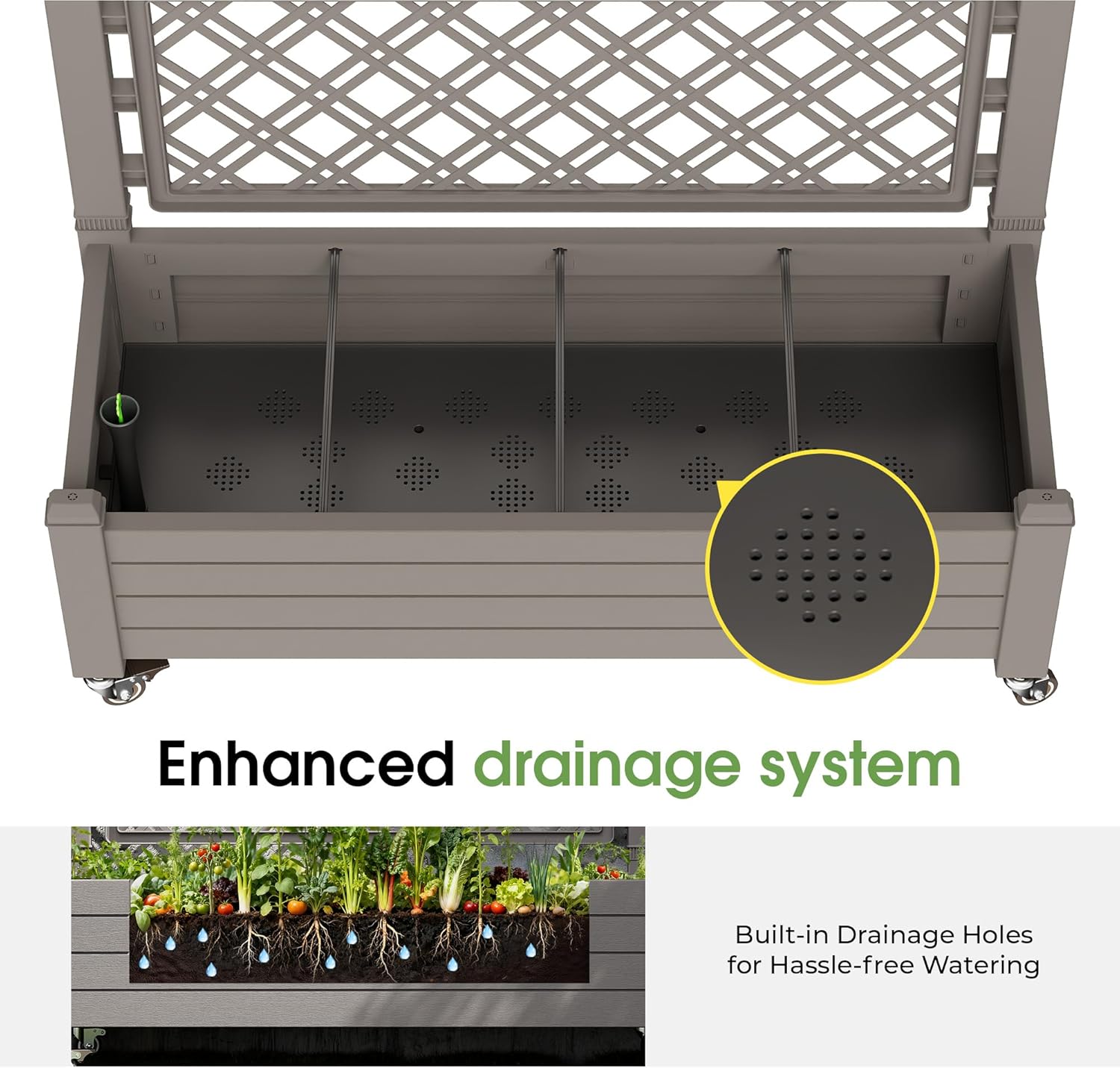 Fancyango Raised Garden Bed with Trellis and Wheels, Resin Planter Box with Trellis with Drainage Holes & Water Monitor, Privacy Planters for Patio for Climbing Plants, Gray(2 Pack)