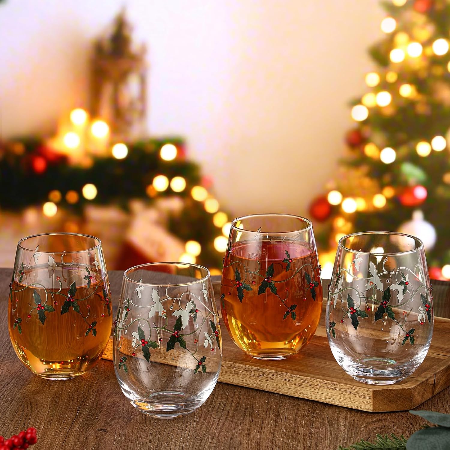 Vesici 4 Pcs Christmas Stemless Wine Glasses 19 oz Winter Leaf and Red Berry Wine Glasses Christmas Drinkware Set Xmas Birthday Gifts for Xmas Festive Party Supply - Image 2