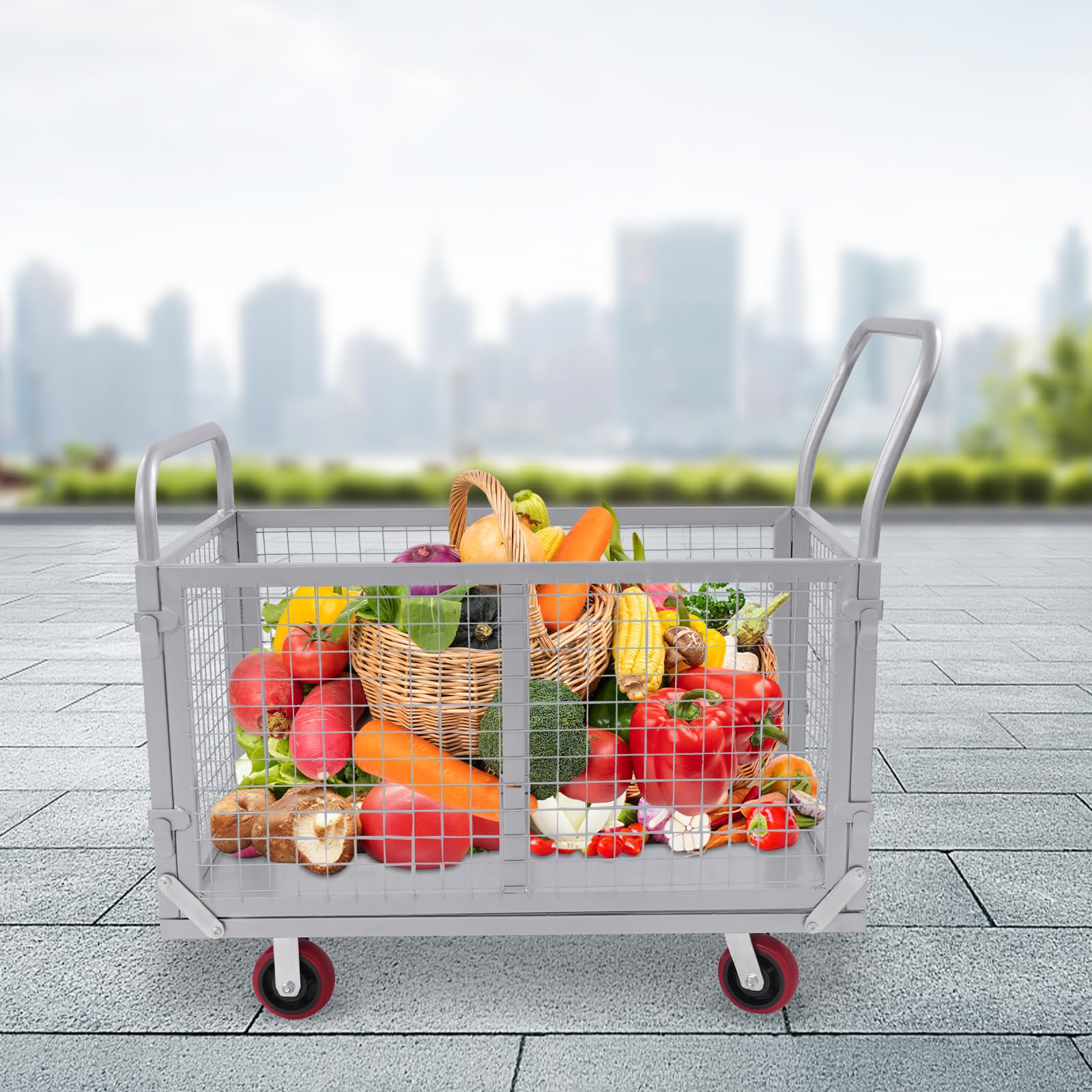 4-in-1 Plattformwagen, 200kg 100x60x94cm Transportwagen, Multifunktionaler Gitterwagen mit Abnehmbare Gitterpaneele, 4 Räder 12,7cm, 2 Lenkbar, für Lager, Supermarkt und Umzug