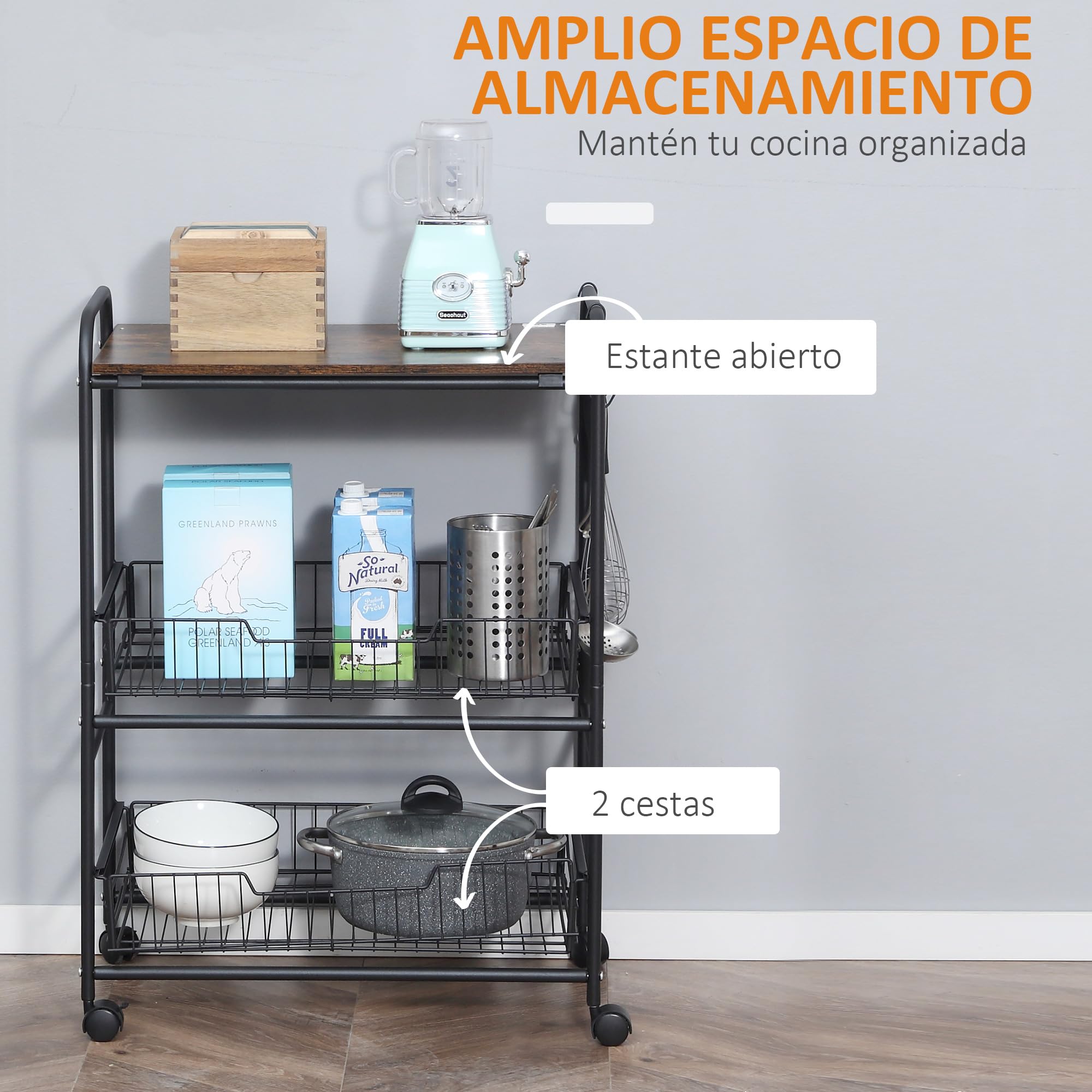 HOMCOM Carrito Auxiliar con Ruedas 3 Niveles 60x38x85,5cm Marrón Rústico