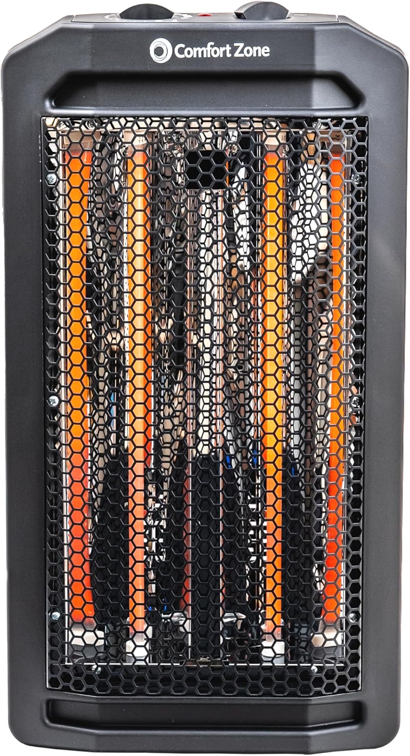 Comfort Zone Quartz Tower Space Heater, Portable Electric Heater with Infrared Heat, 2 Heat Settings, Adjustable Thermostat, Fan-Assisted Even Heat, Overheat & Tip-Over Protection, Black