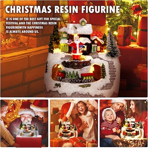 Miniatura 5 de Decoraciones navideñas de resina para casa de pueblo, figuras coleccionables de construcción, tren giratorio, globo de nieve musical, 8 música para
