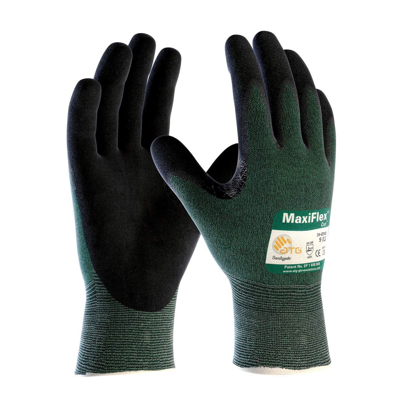 ATG 34-8743/L Maxiflex Cut, Green Engineered Yarn Shell, Blk Nitrile Microfoam Grip, Green, Large (Pack of 3)
