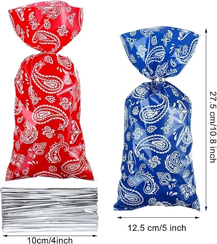 Miniatura 2 de Sumind 100 bolsas de plástico con temática de vaquero occidental, bandana de celofán, bolsas de regalo, paquete rojo y azul, con 100 lazos