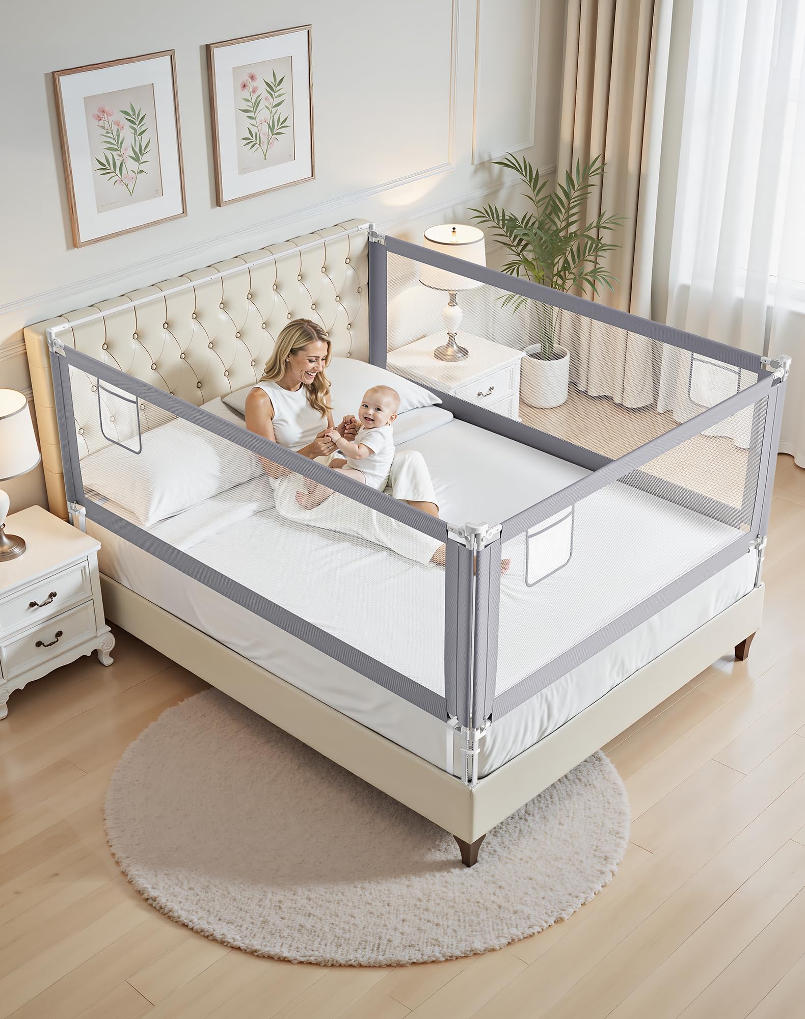 Rausfallschutz Bett (200cm+180cm) | Bettgitter Rausfallschutz für Boxspringbett, höhenverstellbar, mit Befestigungsgurten, Hellgrau (3 Stück)