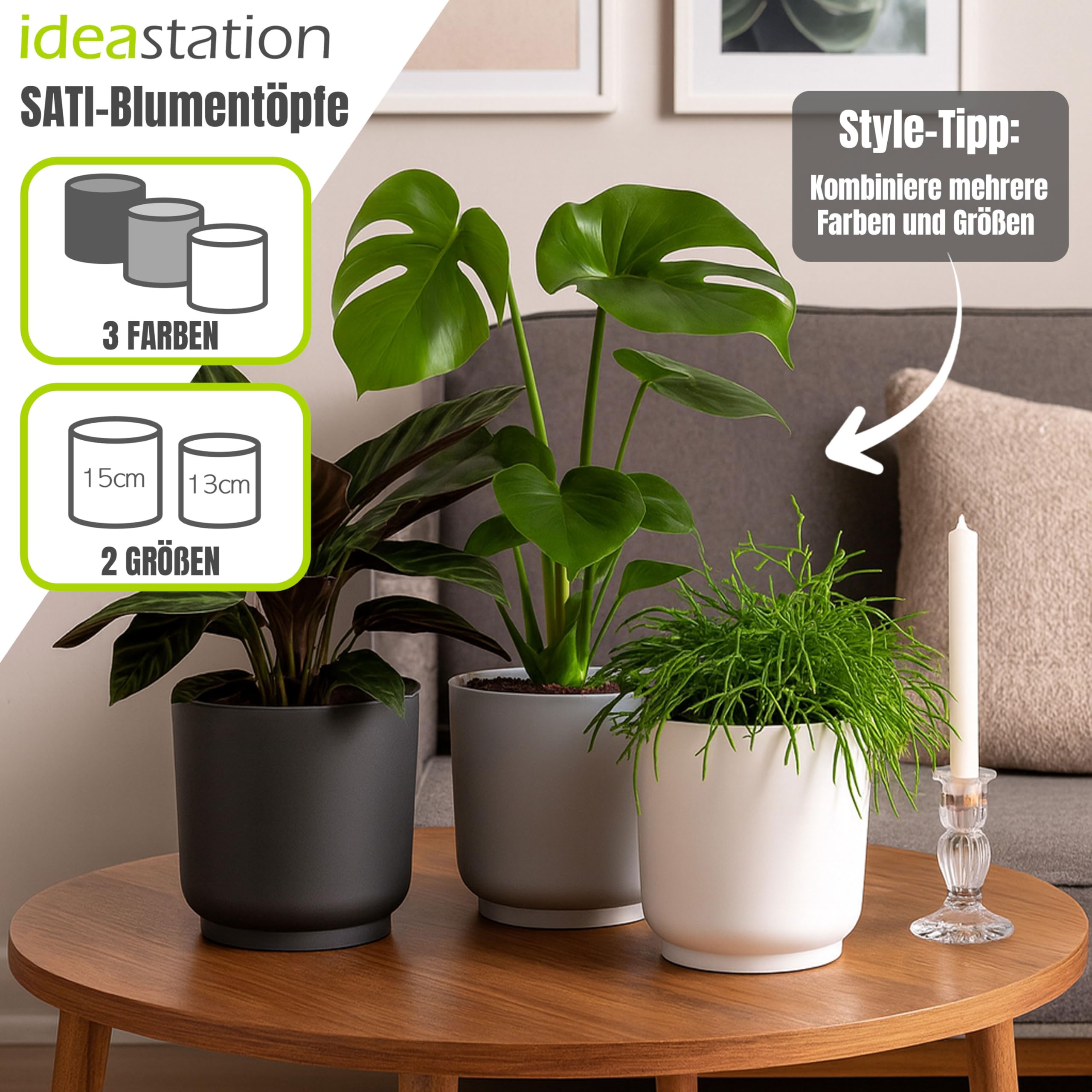 idea-station Blumentopf 15cm - 3 Stück - grau - Plastik Übertöpfe | Bruchfest + UV-Beständig + Matt - elegante Kunststoff Blumenübertöpfe für innen + außen