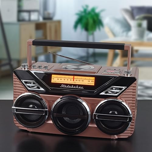 Miniatura 5 de Retro Studebaker Avanti Stereo Boombox con CD, radio estéreo FM, recepción y transmisión Bluetooth, espectáculo de luz LED y subwoofer de 15 W para