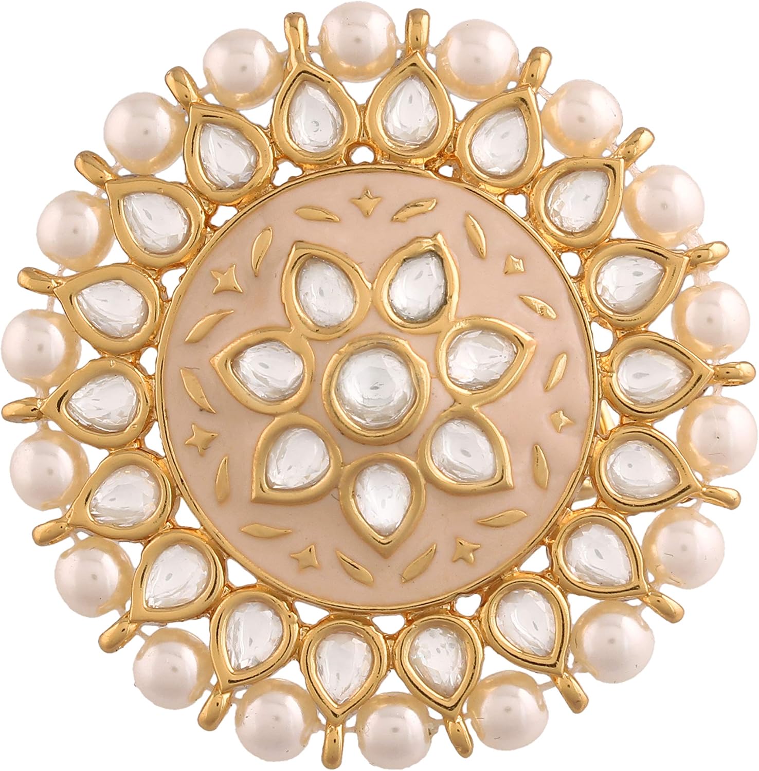 I Jewels Intricately Crafted in Gold Plated Traditional Peach Enamel/Meena Work Moti Ring Glided with Uncut Polki Kundans for Women/ (FL166)