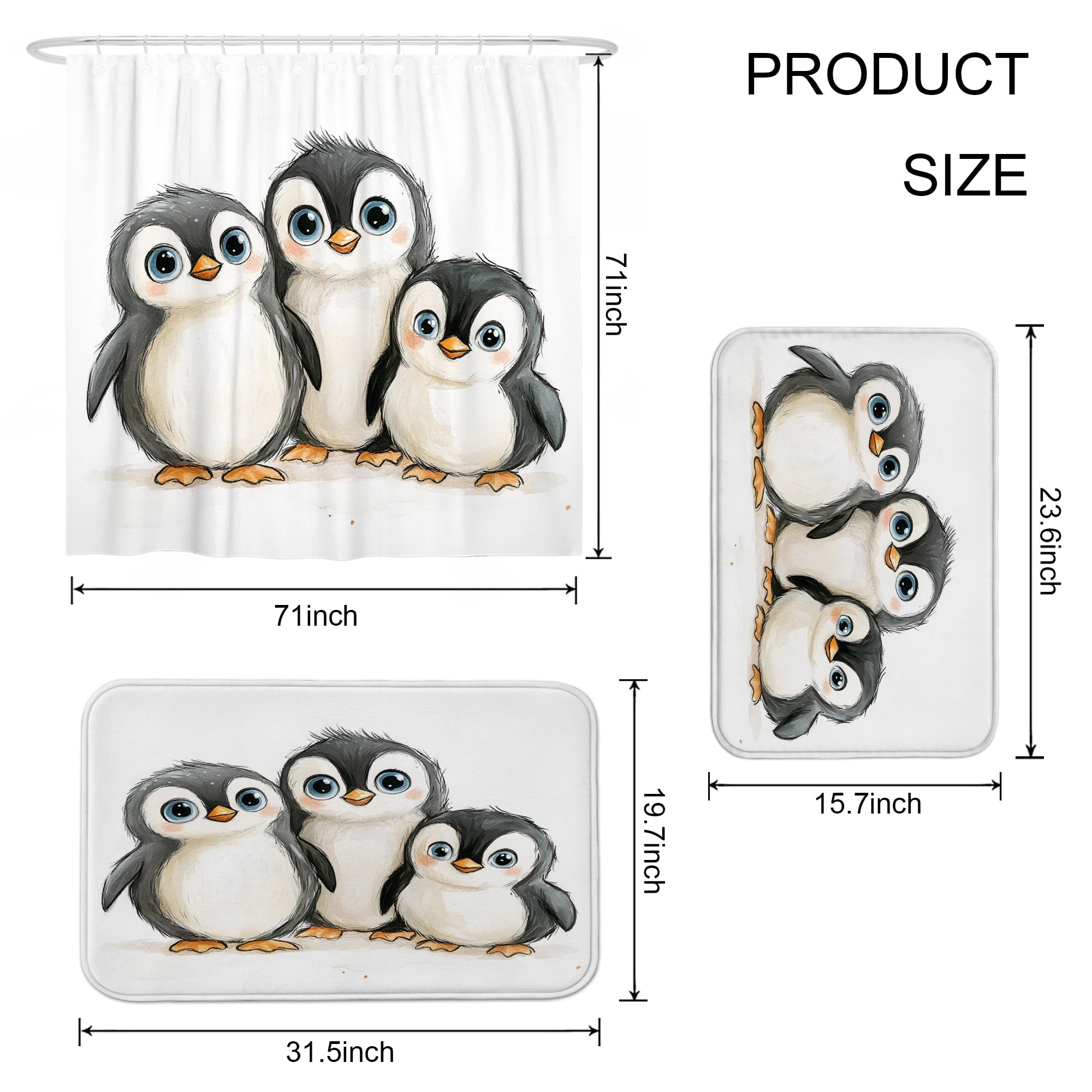 Juego de 3 cortinas de ducha con diseño de pingüino para niños con dos alfombras de baño antideslizantes y lavables (16 x 24 y 20 x 32), decoración de baño de animales infantiles con ganchos