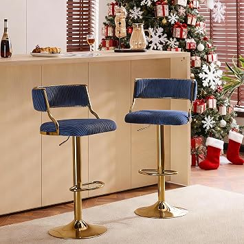 Karl home Swivel Bar Stools Set of 2, Height Adjustable Blue Corduroy Fabric Barstools, Modern Armless Island Stool with Backrest, Footrest for Kitchen Island, Cafe, Pub, Counter, Breakfast
