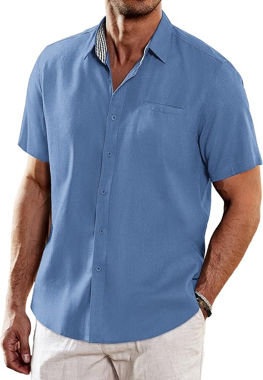 COOFANDY Men's Casual Linen Shirts Short Sleeve Button Down Shirt Summer Beach Tops