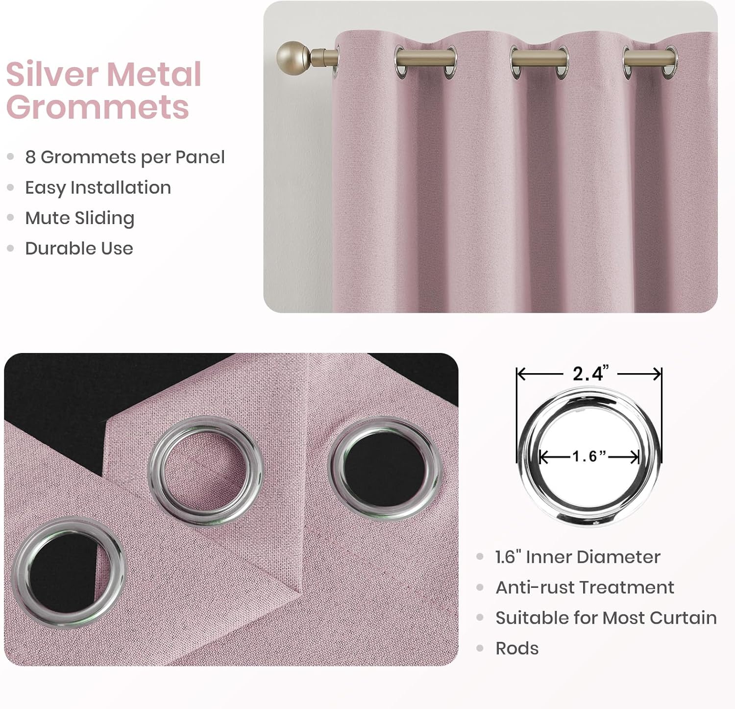 Melodieux Linen Full Blackout Curtains for Bedroom Living Room, Thermal Insulated Pink Black Out Curtains 72 Inch Long, Grommet Windows Curatin Panels with Black Back, 52" W x 72" L, 2 Panels