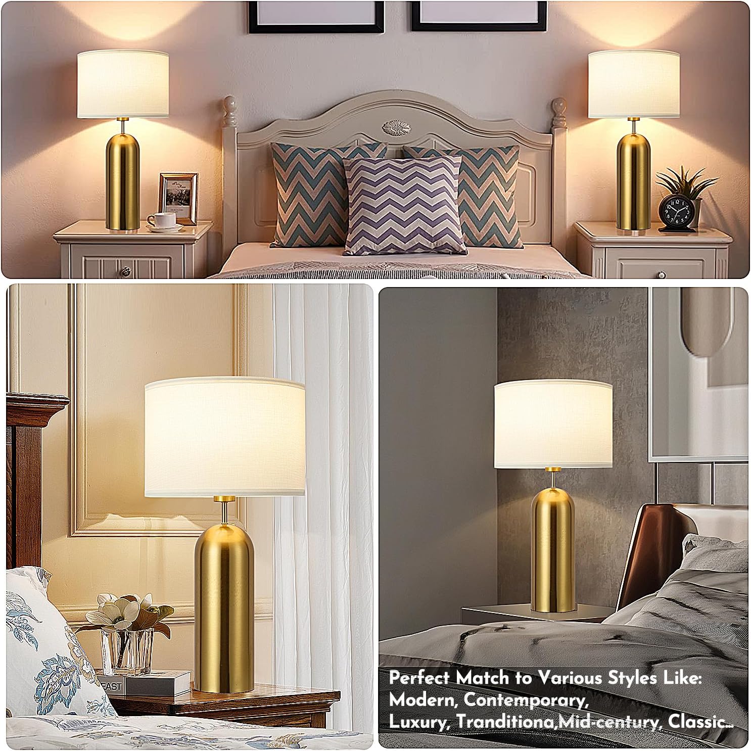 Gold Lamps Set of 2 Touch Control 3-Way Dimmable Bedside Nightstand Lamps Bedroom Lamps Modern White& Gold Table Lamp with USB Type C Ports Tall Lamps for Living Room End Table Home Office