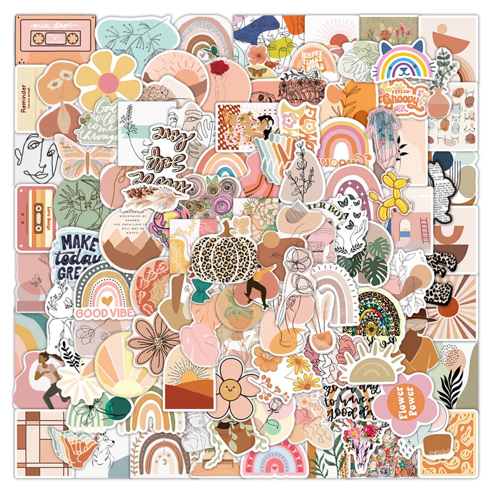 LELE LIFE 200 PCS Boho Aesthetic Stickers, Stickers for Water Bottles, Vinyl Stickers Pack, Waterproof Stickers for Suitcases Laptop Computer Skateboard Luggage, Style B