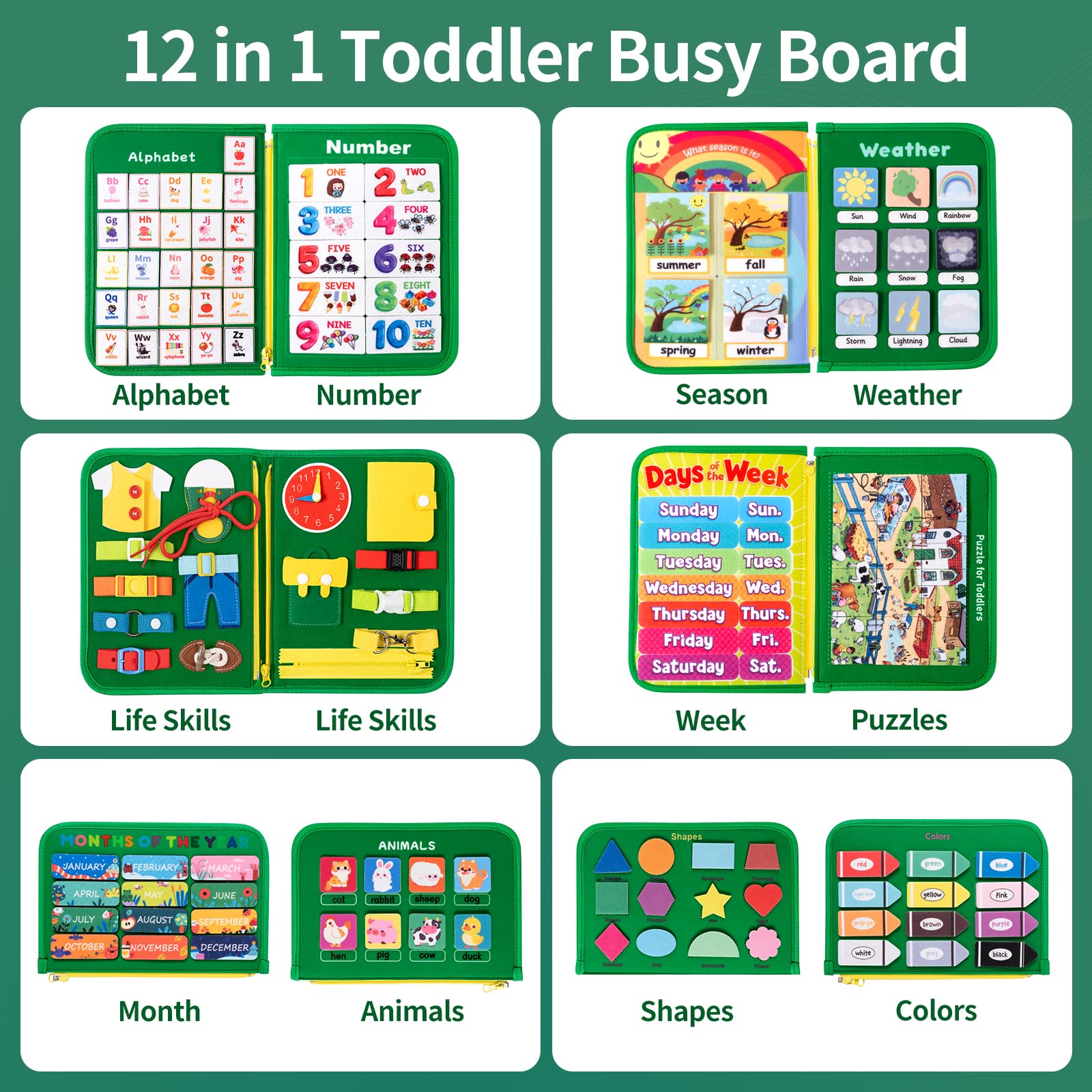 Maluch Busy Board Montessori zabawki dla dzieci, 12-stronowa, cicha, zajęta książka, aktywność edukacyjna, sensoryczna, zabawka edukacyjna, umiejętności motoryczne, zabawki podróżne do samochodu