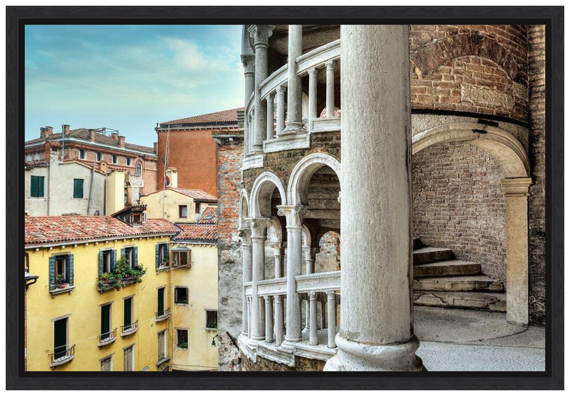 Amanti Art Framed Canvas Wall Art Print (23x16) Scala del Contarini Bovolo #4 by Alan Blaustein Float Framed Canvas Art for Wall Decor, Living Room, Bedroom, Bathroom, Kitchen, Office or Business