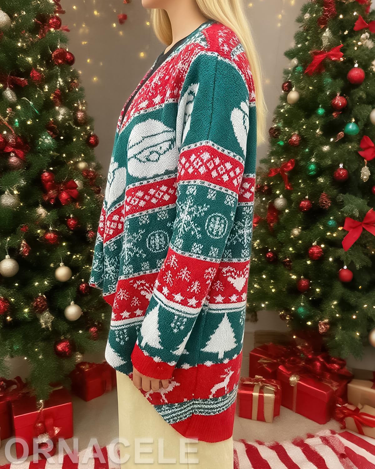 Women's Christmas Wool Cardigan - Santa Claus Snowflake Reindeer Pattern Open Front Long Sleeve Sweater for Holiday Season