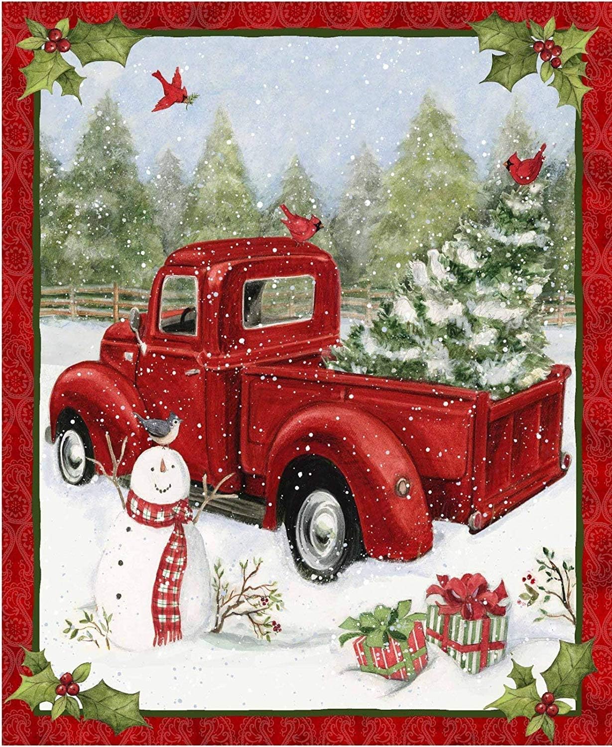 Red Truck Christmas Fun 36x44 Panel Snowman Cardinal Gifts Snow Cotton Fabric by Springs Creative