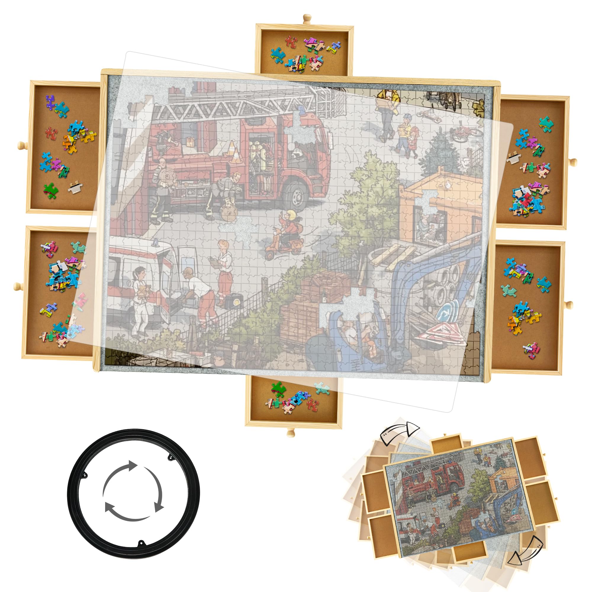 1500 Piece Rotating Puzzle Board with Drawers?35‘’×27’‘Wooden Felt Portable Puzzle Table?Spining Lazy Susan Design?Rotating Jigsaw Puzzle Table for Kids and Adults