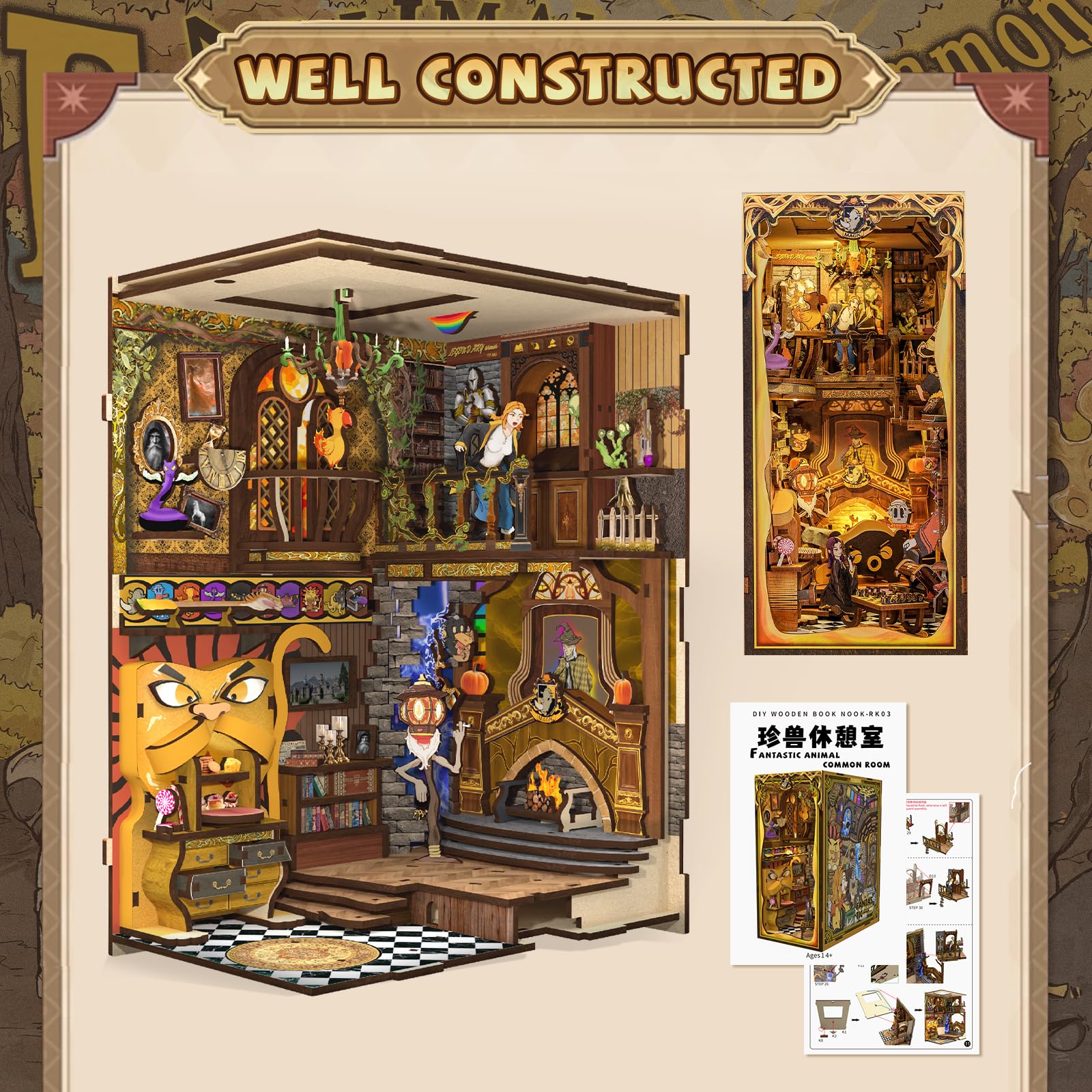 CUTEBEE DIY Book Nook Kit casa delle bambole con copertura miniatura diorama booknook kit con luce LED,3D kit di modellazione in legno,modellismo da costruire adulti (Fantastic Aimal Common Room)