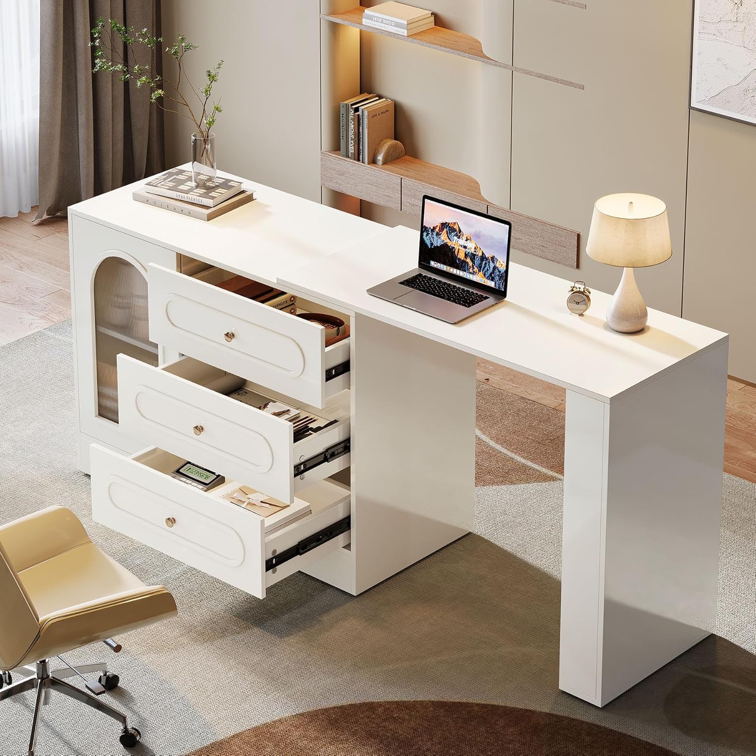 Desk with drawers open, showing storage capacity