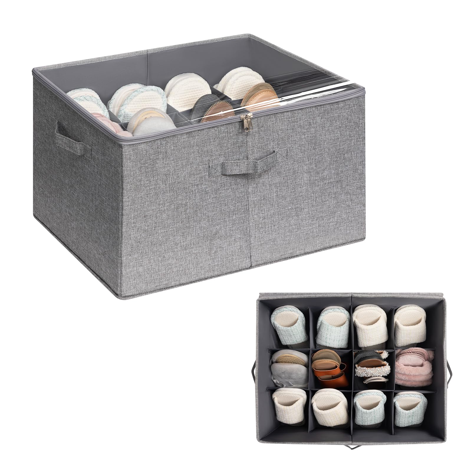 PARANTA 1 Piece Shoe Organizer for Closet, Fits up to 12 Pairs, Fabric Shoe Storage with Clear Cover, Adjustable Dividers for Shoe Organizer Box, Space-saving Shoes Storage, Gray