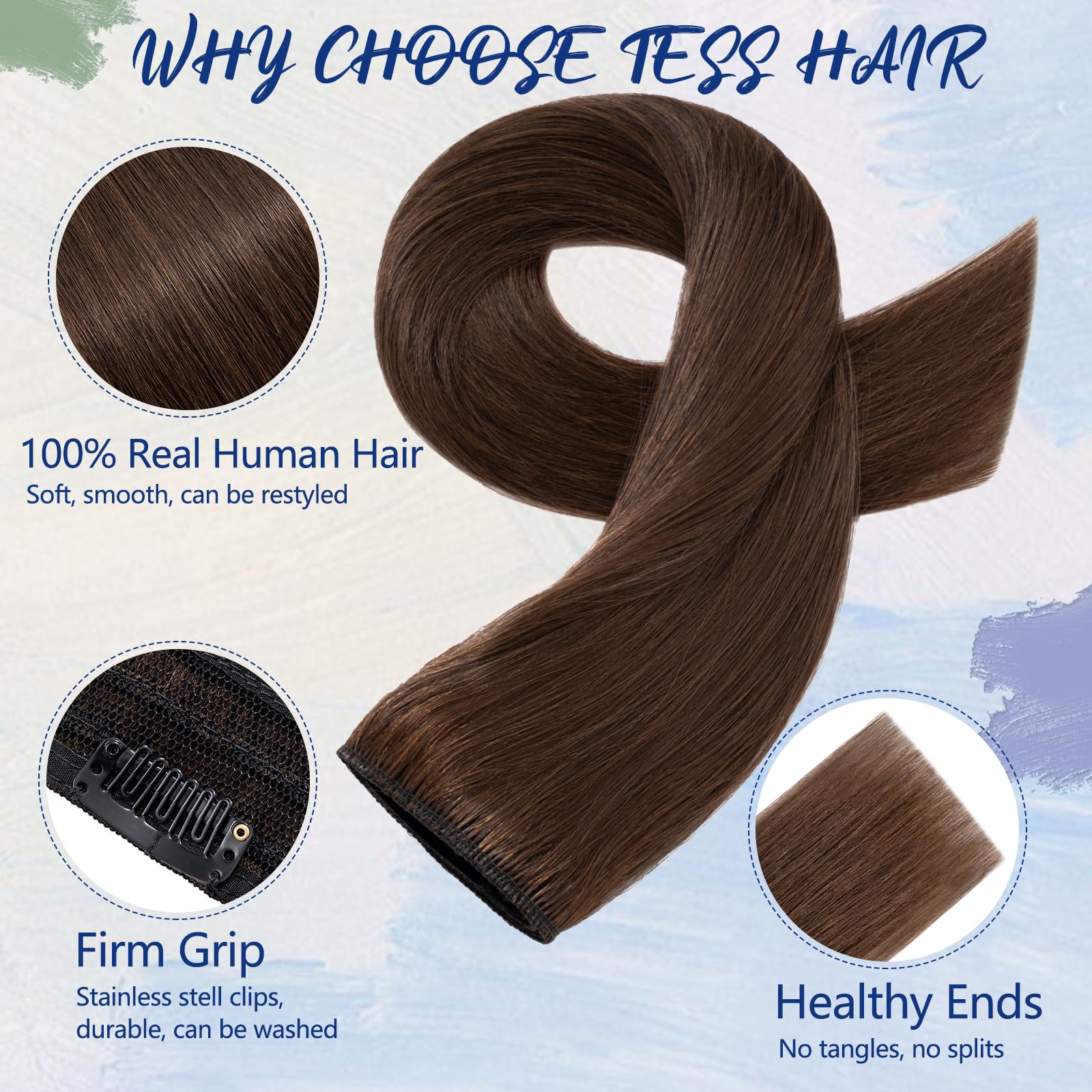 TESS Clip In Hair Extensions Real Human Hair One Peice 5 Clips Straight Natural Hairpieces for Womens/Girls (#4 Medium Brown,18 Inch-50g) - Image 2